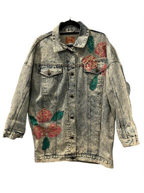 Vintage 80s JM Acid Wash Denim Jacket Oversized Pink Rose Puff Paint Glitter Med